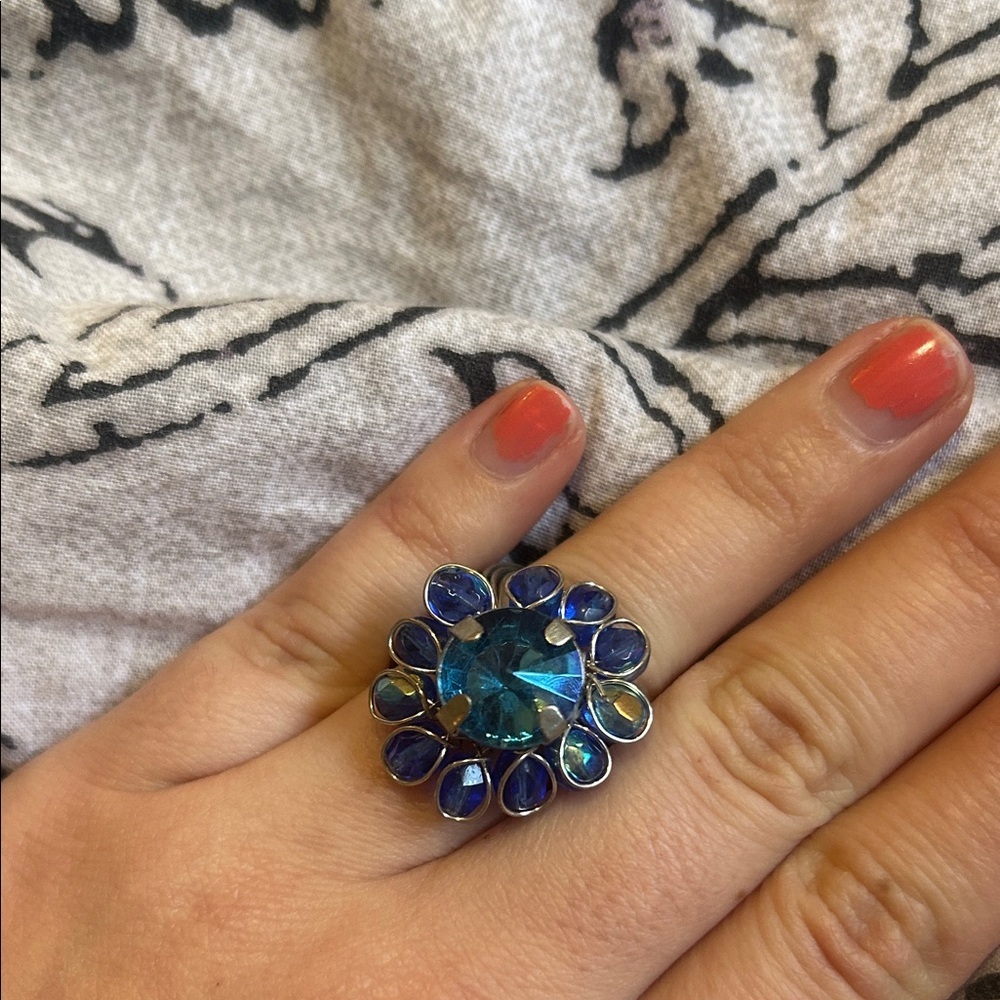 Statement Blue Flower Gemstone Halo Cluster Vintage Ring